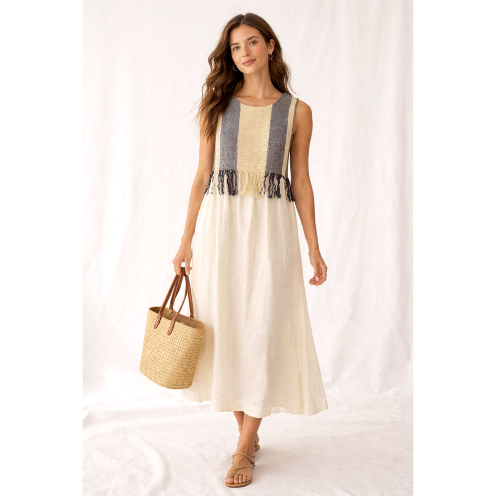 Sea New York Cream Midi Dress with Navy and Beige Paneling - Picture 4 of 12